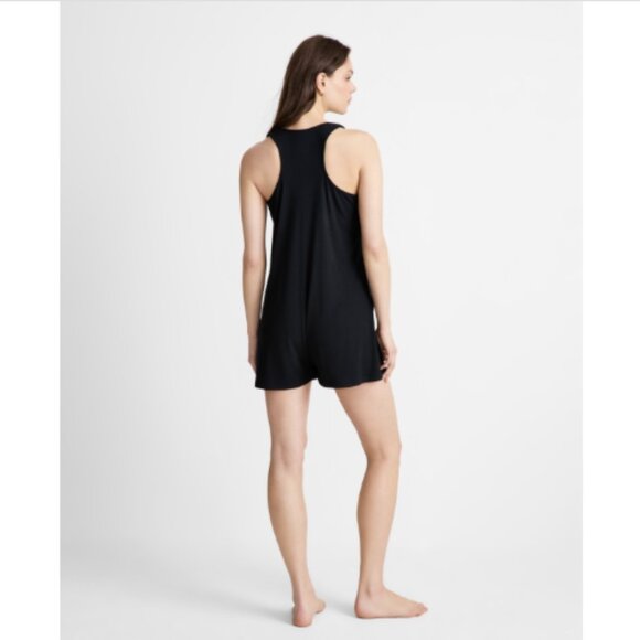 State of Day Women's Racerback Ribbed Henley Romper, Deep Black - Picture 2 of 2
